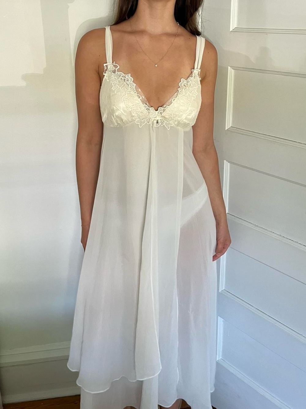 Lace-Trim Chiffon Nightgown - Cream